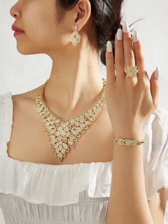 4pcs Luxury Zirconia Jewelry Set: Necklace, Bracelet, Ring, Earrings, Elegant Floral Design, Suitable For Daily Wear, Parties, Weddings, Gifts For Girlfriends, Friends - Dubai, Middle East, Saudi Arabia Fashionable