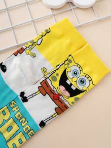 SPONGEBOB 1 Pair Unisex Funny Personalized Cute Multicolor Jacquard SpongeBob Happy Face Letter Contrast Color Pattern Crew Socks, Sports Style, All Season, European Size, Comfortable Breathable Durable, Vibrant Colors, Suitable For Daily Wear, Premium Fabric, Non-Sweat