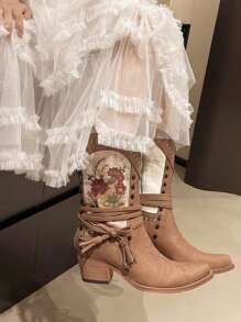 Women's Western Boots With Zipper, Mid-Calf V-Cut, Brown Color With Embroidery Retro Print Decor, Pointed Toe Chunky Heels, Tall Rider Boots, Fringes & Bow Accents