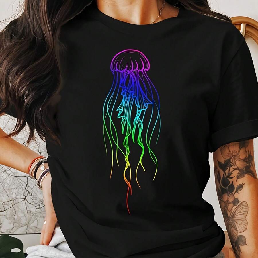 Camiseta de 220 g 100% algodón con diseño de medusa. Mezcla de ropa urbana, minimalista y comodidad casual. Ideal para usar en capas en todas las estaciones, días de trabajo remoto o fines de semana con estilo. Regalo ideal para artistas, creativos y fans de la moda. Tops para mujeres, ropa vintage, ropa de mujer, tops vintage de mujer, ropa casual, ropa punk, ropa occidental, ropa del 4 de julio, ropa de Kpop, ropa vaquera, ropa 100% algodón, ropa gótica, tops blanco y negro, tops vintage, ropa coreana, camisas para mujer. - Negro - Ver 1