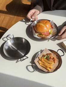 1pc简约韩式不锈钢圆形双耳盘，适用于西餐、炸鸡、薯条、汉堡、饺子、小吃、蛋糕、面包、早餐盘 - 銀色 - 查看 1