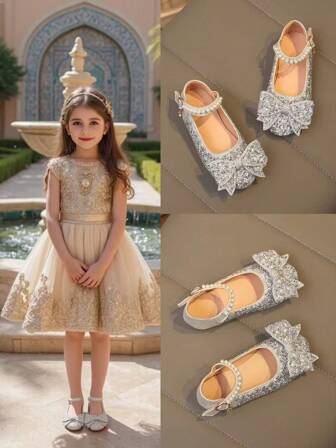 1 双加大码 2025 新款时尚百搭粉色女孩珍珠和水钻蝴蝶结装饰可爱平底鞋，圆头，适合日常穿着、跳舞、春秋季户外穿着，闪光装饰包头公主芭蕾平底鞋，尺码偏小半码