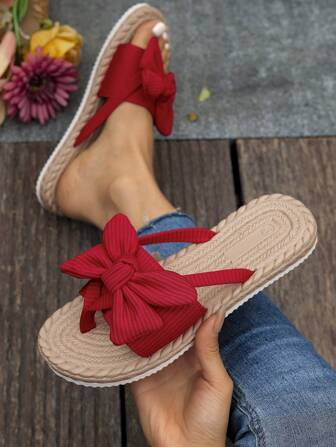 女士蝴蝶结装饰平底凉鞋，轻便夏季人字拖，防滑女士沙滩鞋，圆头系带女士平底凉鞋