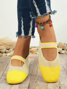 Women's Casual Spring/Summer Color Block Patchwork Strap Knit Square Toe Mary Jane Flat Shoes - Yellowish White - View 5