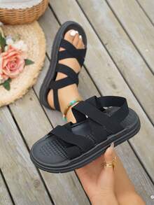 Teens' Fashionable Elastic Band Flat Slip-On Sandals - Black - View 2