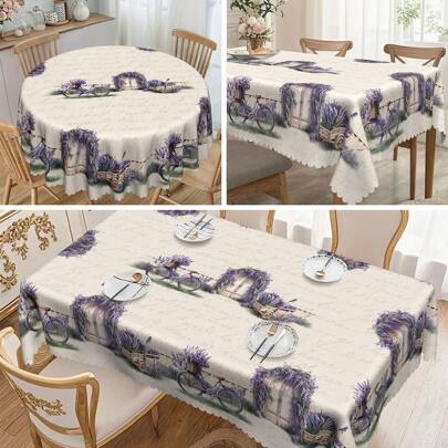 1pc Rectangular/Round Tablecloth, Charming Lavender Retro Tablecloth, Purple Floral & Bicycle Garden Design - Country Style, 100% Polyester, Square Or Round Option, Suitable For Spring/Summer Home & Holiday Decor, Multiple Size Options, Embossed Edges, Round/Rectangle Tablecloth