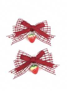 1pc/2pcs Red Plaid Strawberry Bow Hair Clips, Cute & Sweet Hair Accessories For Women, Suitable For Any Occasion