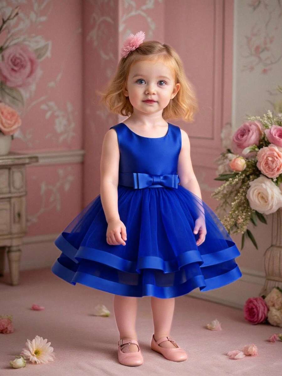 Baby Girls' Solid Color Sleeveless Bow Tulle Puff Dress, Elegant Minimalist Design Suitable For Birthday Party, Celebration, Formal Occasions, No Headband Included - Royal Blue - View 1