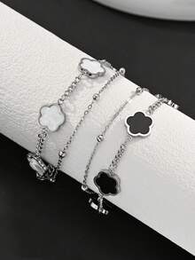1pc Stainless Steel Men's Fashionable Five Leaf Clover Double-Layer Chain Bracelet For Daily Decoration - Bracelet - View 3