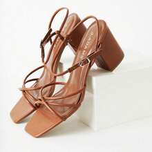 Women Strappy Square Toe Chunky Block Mid Heel Sandals – Cute Elegant Buckle Strap Heels For Spring/Summer Weddings, Bridesmaid, Date Night, Party, Prom & Business Casual Wear [Size Up Half Size] - 棕褐色人造皮革 - 查看 5