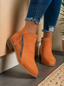 Botas Ankle de Salto Grosso Femininas, Botas Curtas de Zíper Lateral de Salto Baixo, Botas Femininas de Bico Fino de Cor Sólida para o Inverno