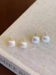 1 对时尚经典欧式天然淡水珍珠耳钉，优雅纹理耳环 - 白色 - 查看 5