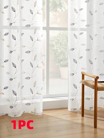 1 st. broderad blommig vinranka vågig cirkel lantlig transparent fönstergardinpanel, lämplig för vardagsrum, sovrum och heminredning, med öljett/stångficka upptill