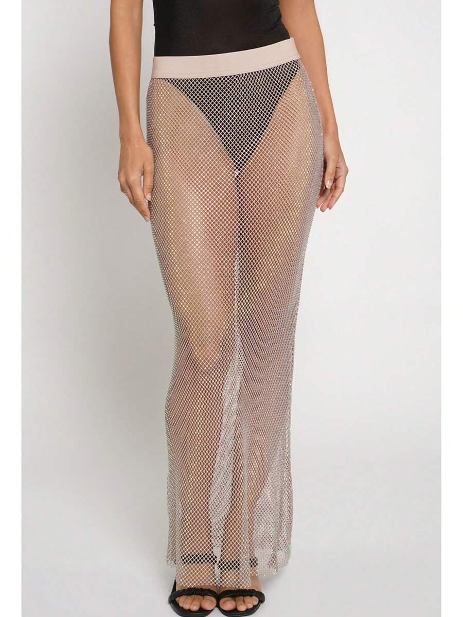 SANS SOUCI RHINESTONE MESH SKIRT  Plain    Party  Sexy    Polyester    Sheer  Rhinestone    SKIRT  Night Out  Holiday  Stage & Concert    ALL SEASON - 米色 - 查看 1
