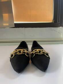 Ladies' Metal Chain Buckle Fashionable Pointed Flat Sole Single Shoes Comfortable Soft Sole One Foot Shoes Elegant Style Spring And Summer Daily Wear Black Ballet Flat Shoes Suitable For Commuting And Office Black Shoes - màu đen - Xem 8