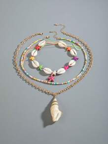 Conjunto de 3 colares estilo boho com contas de concha, estrela do mar e resina, presente perfeito para festas de viagem na praia, adequado para primavera e verão (contagens e tamanhos variados de contas, cores aleatórias)