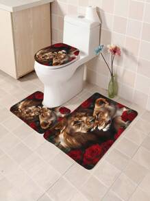 1pc/4pcs Lion Rose Pattern Shower Curtain Sets Gifts, Romatic Bathroom Sets With Shower Curtain And Rugs, WaterProof Home Bathroom Decoration And Toilet Floor Mats 3pcs Set With 12 Shower Curtain Hooks Bathroom Accessories Back To School