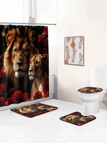 1pc/4pcs Lion Rose Pattern Shower Curtain Sets Gifts, Romatic Bathroom Sets With Shower Curtain And Rugs, WaterProof Home Bathroom Decoration And Toilet Floor Mats 3pcs Set With 12 Shower Curtain Hooks Bathroom Accessories Back To School