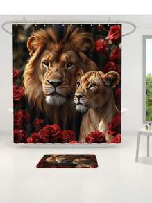 1pc/4pcs Lion Rose Pattern Shower Curtain Sets Gifts, Romatic Bathroom Sets With Shower Curtain And Rugs, WaterProof Home Bathroom Decoration And Toilet Floor Mats 3pcs Set With 12 Shower Curtain Hooks Bathroom Accessories Back To School