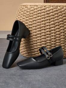 MonaNise 女士 3 厘米布质包跟黑色时尚百搭午夜蓝、咖啡色、酒红色粗跟玛丽珍平底鞋 - 黑色 - 查看 2