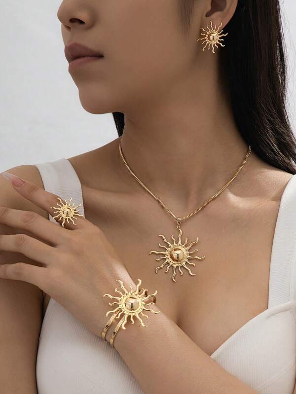 5pcs/Set Fashionable Bestselling Gold Metal Bracelet, Ring, Necklace, Earrings Jewelry Set, Suitable For Daily, Banquet, Party Wear