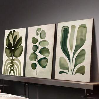 Juego de 3 impresiones en lienzo enmarcadas, arte de pared elegante para cualquier entorno - Decoración de marco de madera, decoración escandinava, arte de pared bohemio, impresión de arte botánico, impresión de hojas, verde salvia, fondo beige, decoración de pared para el hogar y el dormitorio, cafetería, sala de estar, bar