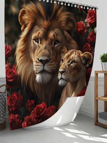 1pc/4pcs Lion Rose Pattern Shower Curtain Sets Gifts, Romatic Bathroom Sets With Shower Curtain And Rugs, WaterProof Home Bathroom Decoration And Toilet Floor Mats 3pcs Set With 12 Shower Curtain Hooks Bathroom Accessories Back To School