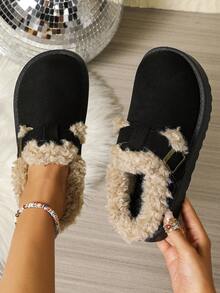 1 par de pantuflas estilo bohemio de unicolor, casuales, neutras, tipo universitario y para ir a la escuela, con adorno de tela y piel sintética, aptas para usar dentro y fuera, para el invierno