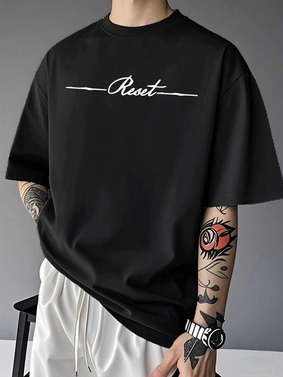 Men's Cotton T-Shirt Adult Plus Size Kids Reset Game Mini Line Simple Basic Swag Streetwear Over Fashion Premium - 黑色 - 查看 1