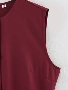 女士优雅圆领无袖长款连衣裙，配腰带，休闲夏季单排扣吊带长裙 - 深紅色 - 查看 7