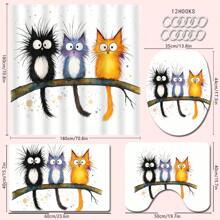 4 Stücke süße Cartoon Katzen Badezimmer Duschvorhang Set, beinhaltet Badematte, U-förmiger Toilettendeckel, wasserdichter Duschvorhang, modische Vorhangpaneele für Badezimmerdekoration, moderner Stil, keine Bohrung erforderlich, maschinenwaschbares Badezimmerzubehör für den Schulanfang