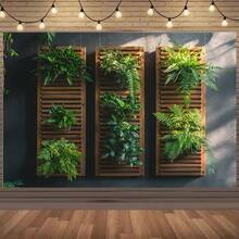 2D Vertical Wooden Wall Plaque With Realistic Fern And Green Plants - Rustic Wood Board Design, Polyester Fabric, Suitable For Photo Shoot, Birthday Party, Outdoor Celebration, Festival Events - No Electricity Required, Event Decor | Natural Style Decoration | Natural Looking Leaves, Artificial Plants For Home Decor