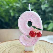 1 pieza Vela con número de cumpleaños, vela de cumpleaños con cereza, vela de pastel con lentejuelas como decoración, adecuada para celebraciones de aniversario de niñas y mujeres