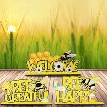 Wooden Table Decorations Independence Day Harvest Bee Festival Bee Letter Window Decorations Cartoon Ornaments Creative Desktop Dress Up,Welcome Letter Signs Wooden Table Centerpieces, Bee Themed Party Supplies Home Table Decorations For Decorating Your Tiered Trays, Kitchen, Tables, Shelves, Window Sills, Or Any Bee-Themed Area Of Your Home - Yellow - View 3