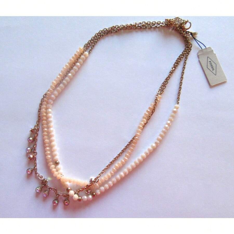 Fossil Necklace -3 Strands- Gold Color- Light Pink & White Beads-Crystals - 1 - View 1