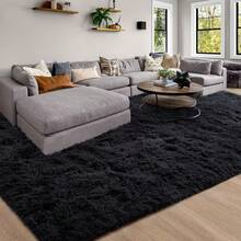 黑色超柔软蓬松地毯 - 舒适的卧室、客厅或儿童房地毯，防滑，现代风格，别致色彩，秋季装饰，入口装饰，浴室厨房装饰 - 黑色 - 查看 2