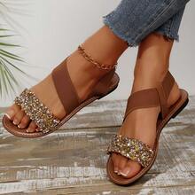 Women's Flat Sandals, Summer Open-Toe Pointed Low-Heeled Shoes With Crystal Decorations, Round-Toe Brown Leather Slippers, Comfortable And Elegant, Suitable For Casual Wear Or Vacation. - Brown - View 3