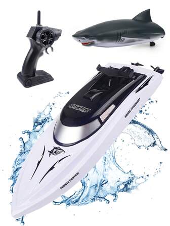 1 pieza Barco a control remoto con diseño de tiburón 2 en 1, cáscara de barco a control remoto intercambiable para uso en piscina interior y exterior, diseño con apariencia de tiburón, juguete interesante, regalo de Navidad para adultos y niños