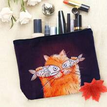 1 Stück süße Orange Katze und Fisch Muster Kosmetiktasche, leichter Make-up Organizer Beutel, multifunktionale Kulturtasche, ideal zum Reisen