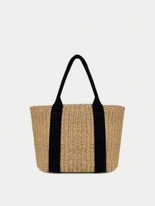 Woven Drawstring Tote Bag, Roomy Straw Handbag Suitable For Beach Vacation Travel - Khaki - View 2