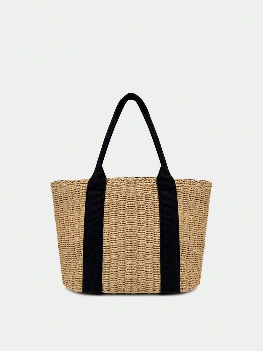 Woven Drawstring Tote Bag, Roomy Straw Handbag Suitable For Beach Vacation Travel