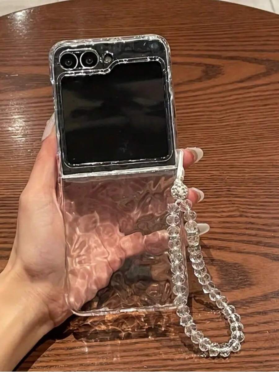 Llavero, Cordón para el cuello Funda de teléfono transparente con efecto de ondas de agua estilo coreano compatible con Samsung Galaxy Z Flip 5, Z Flip6, ZFlip 4, ZFlip 3 5G, Pulsera de cuentas, Cubierta trasera resistente a golpes