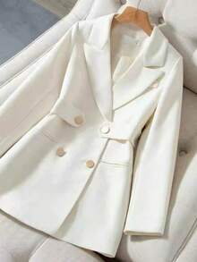 Women's Elegant Double Breasted Long Straight Blazer - Kem - Xem 3