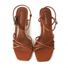 Women Strappy Square Toe Chunky Block Mid Heel Sandals – Cute Elegant Buckle Strap Heels For Spring/Summer Weddings, Bridesmaid, Date Night, Party, Prom & Business Casual Wear [Size Up Half Size] - 棕褐色人造皮革 - 查看 3