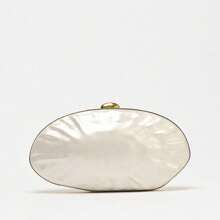 Bolso de embrague con efecto de perla y forma de caja rígida para mujer, color blanco. Bolso de noche de concha acrílica larga para fiesta y eventos, con manija y correa para el hombro/cruzado