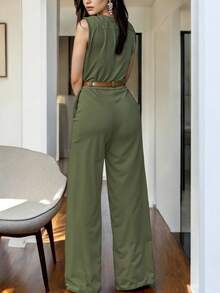 Mono De Mujer Elegante Con Cinturon Con Cuello V Sexy Ideal Par Citas O Cenas Elegantes - Verde militar - Ver 2