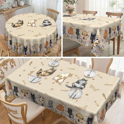 1pc Cat Theme Rectangular/Round Tablecloth - Adorable Kittens & Paw Print Design, Fish Bone Pattern Decor, Suitable For Party, Kitchen, And Outdoor Use - Ideal Housewarming And Holiday Gift, Tabletop Decoration | Scalloped Edge, Perfect Gift For Cat Lovers