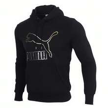 Puma Men's Knitted Loose Long-Sleeved Cotton Hooded Collar Sports Pullover With Gold Label Large LOGO - Black - View 1