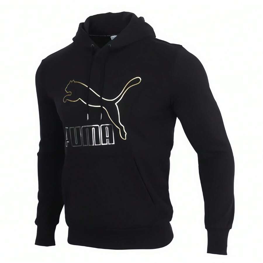 Puma Men's Knitted Loose Long-Sleeved Cotton Hooded Collar Sports Pullover With Gold Label Large LOGO - Black - View 1