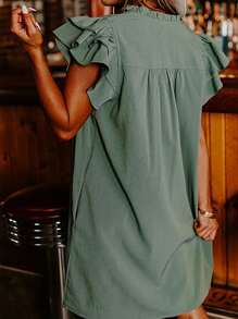 Acelitt Summer Fog Green Ruffled Sleeves V-Neck Ruffled Casual Dress